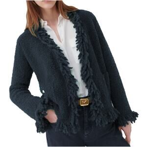 Marella Black Wool Blend Boucle Fringed Knit Cardigan Jacket Pockets Large L